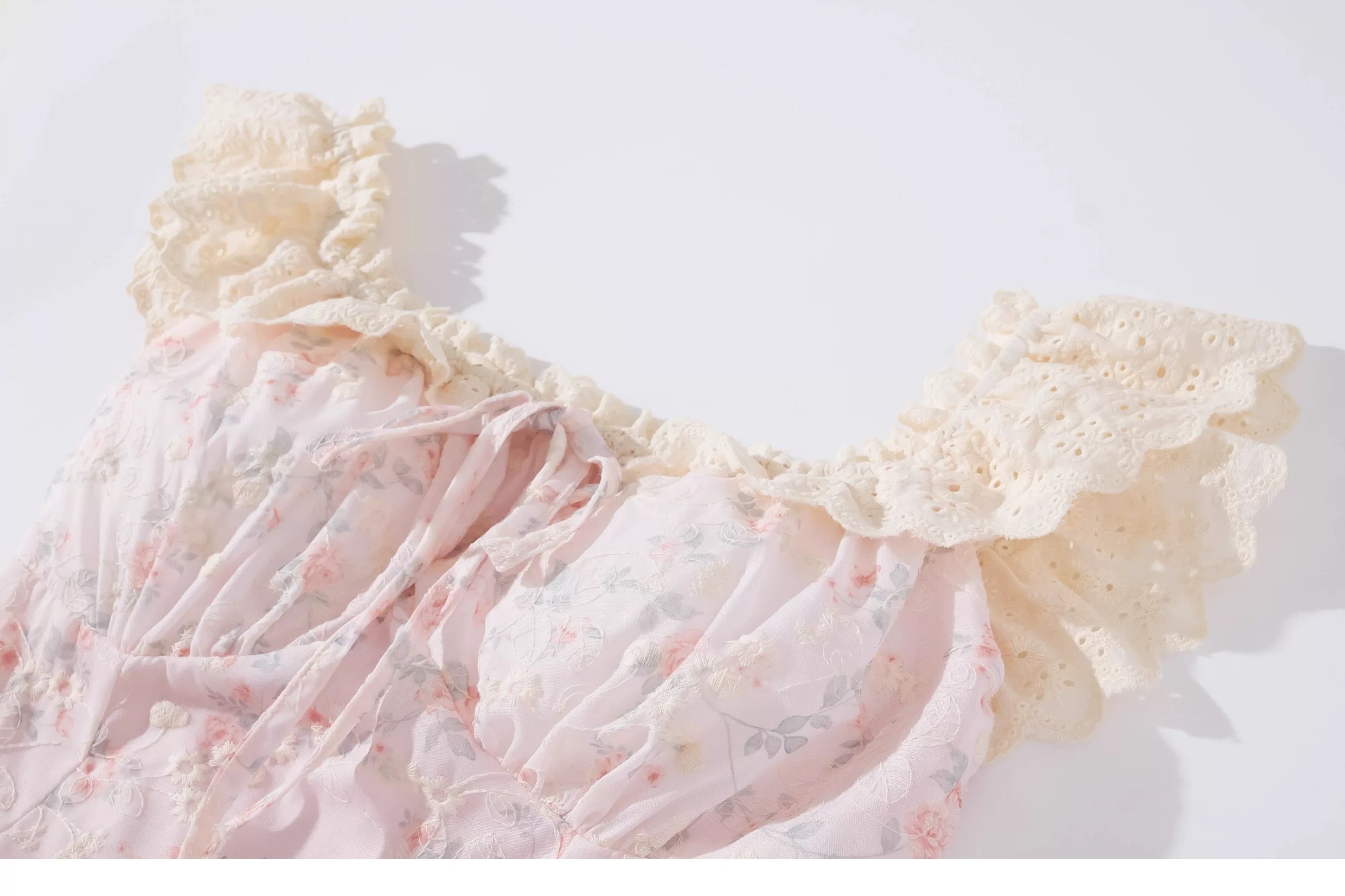 Sweet Floral Embroidered Ruffle Dress Summer Princess Puff Sleeve Tiered Cake Dress with Smocked Back