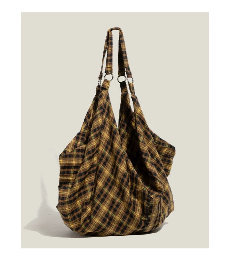 Street Fashion Teen Girl Cotton Tote Bag Cool Big Capacity Plaid Shoulder Bag For Female Student