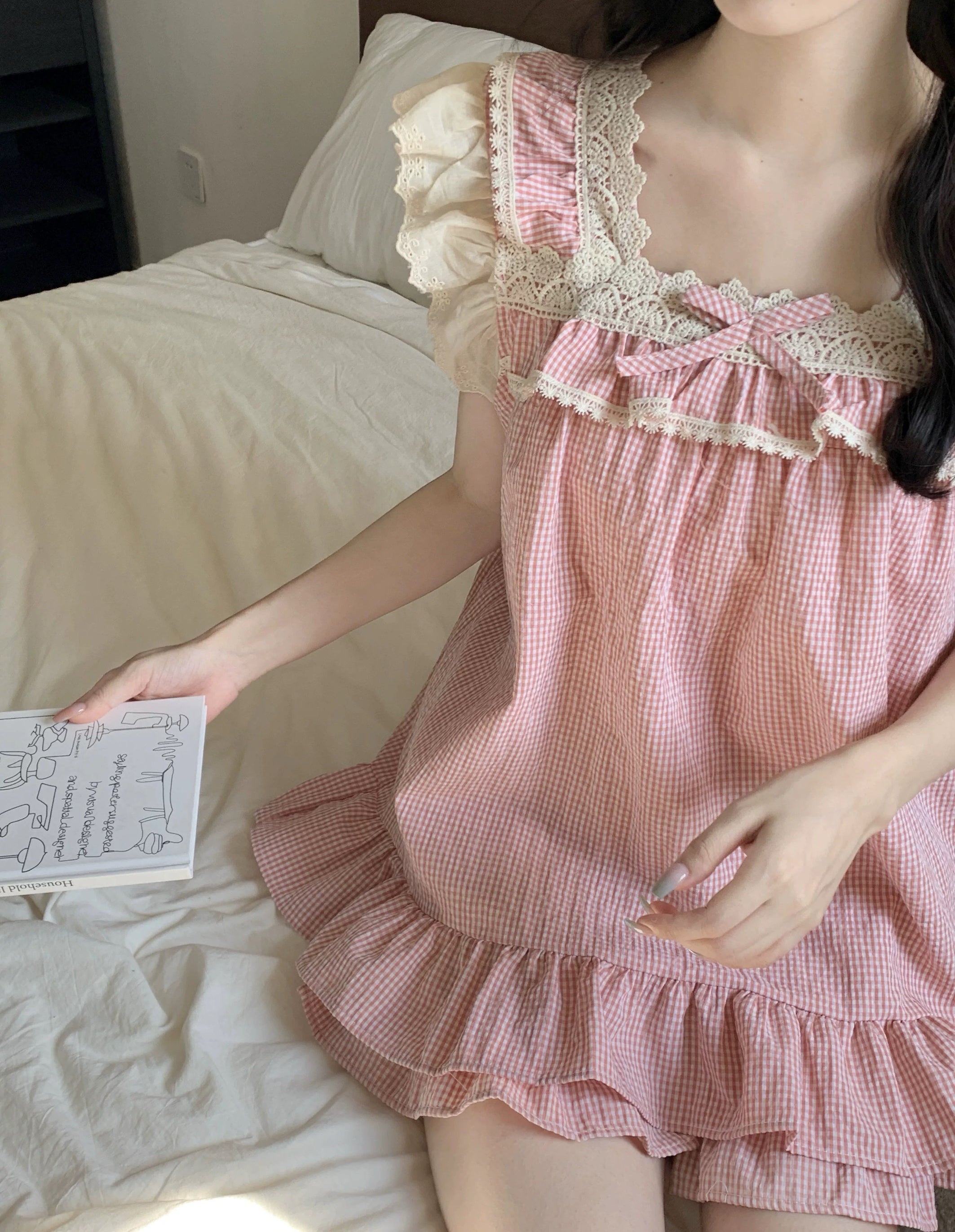 Sweet Korean Style Ruffled Gingham Pajama Set Lace Princess Sleeveless Summer Sleepwear