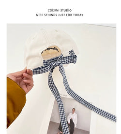 Ribbon Tie Letter Embroidered Baseball Cap Women Casual Hat with Gingham Bow Back