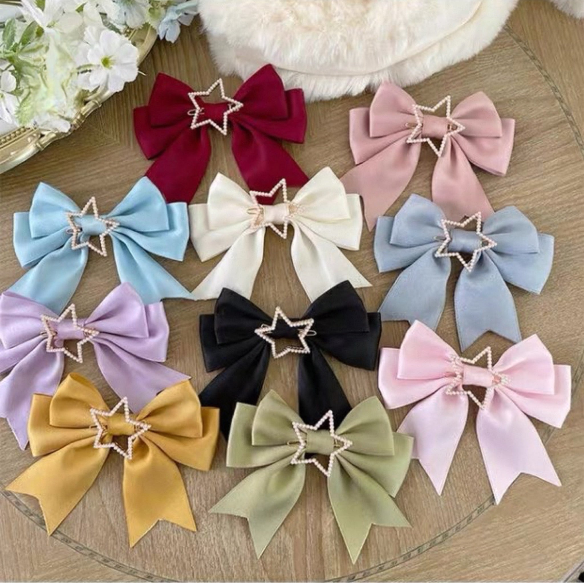 Cute Furry Heart Shoulder Bag with Bow and Star Charm Soft Plush Lolita Style Handbag