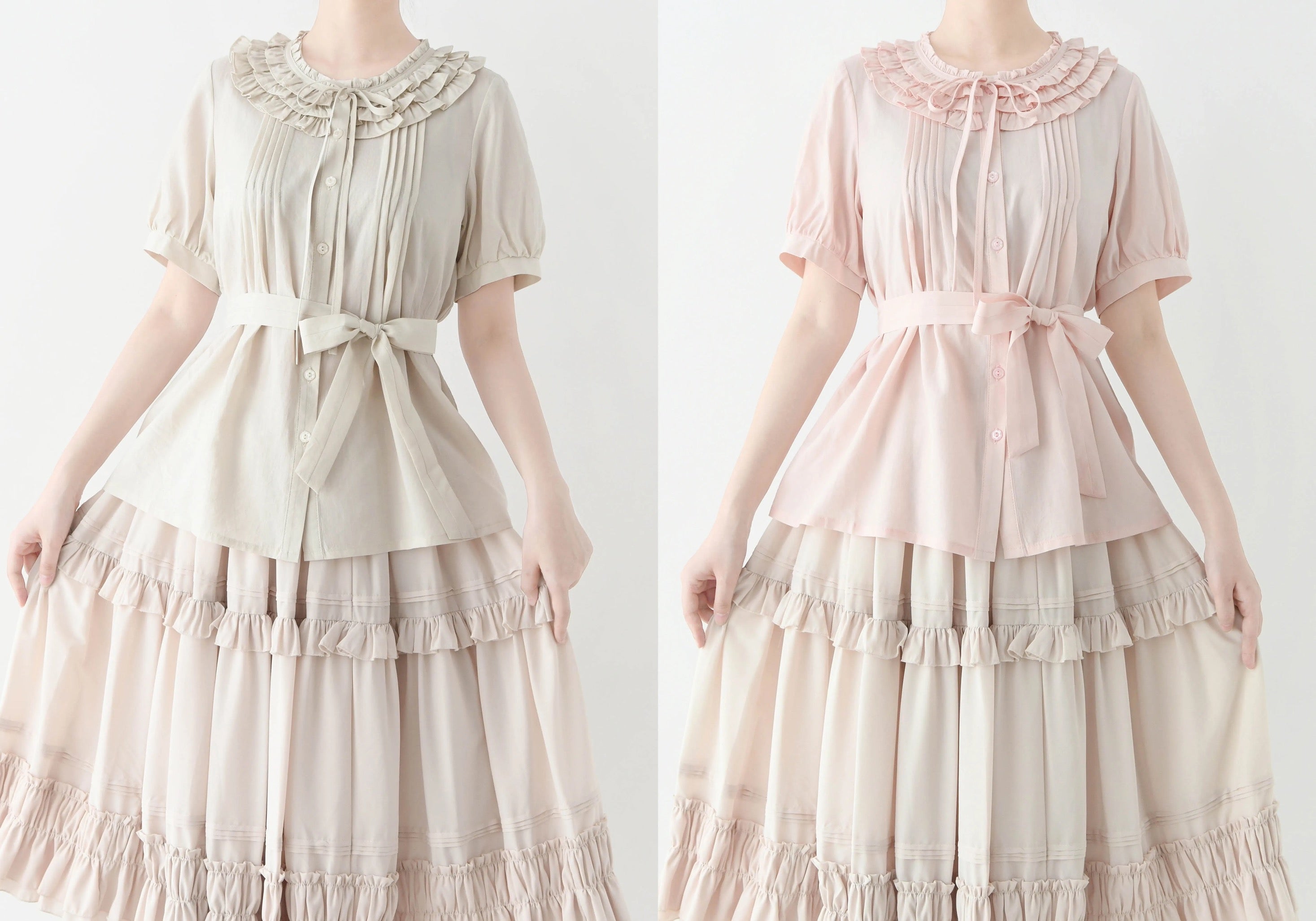 Lolita Ruffle Collar Summer Blouse Tencel Cotton Round Neck Shirt Bow Vintage Lace Puff Sleeve Top