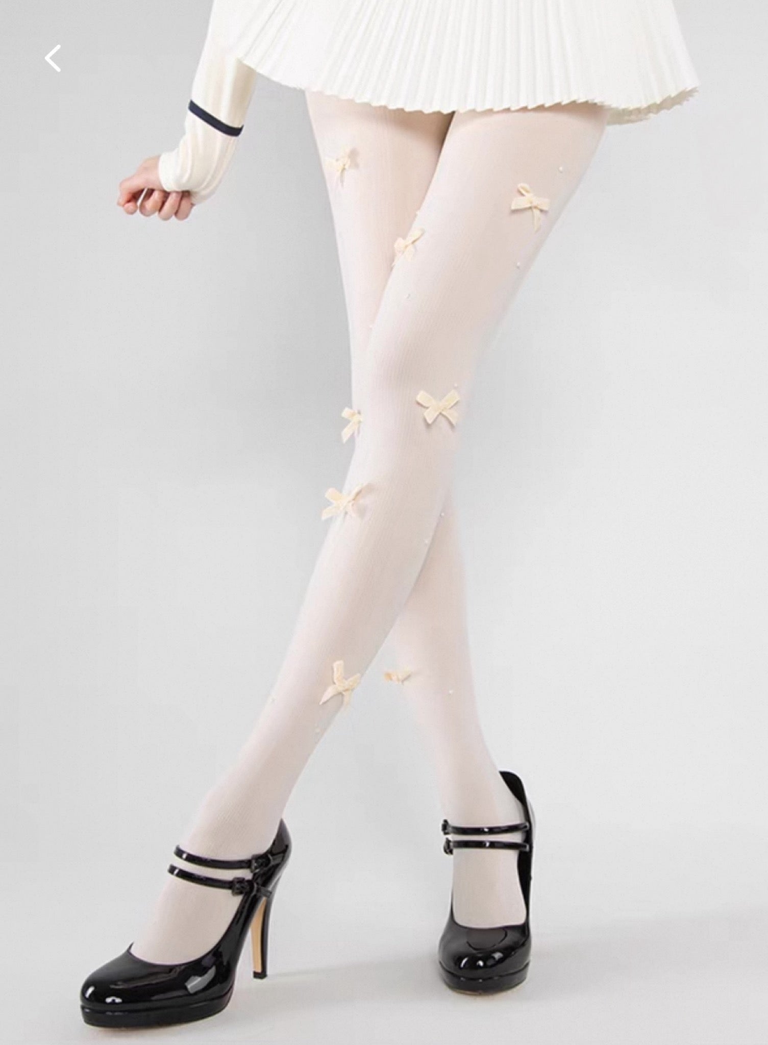 Cute Lolita Velvet Tights with Bows & Pearls Ribbed Bowknot Pantyhose for Girls All Seasons