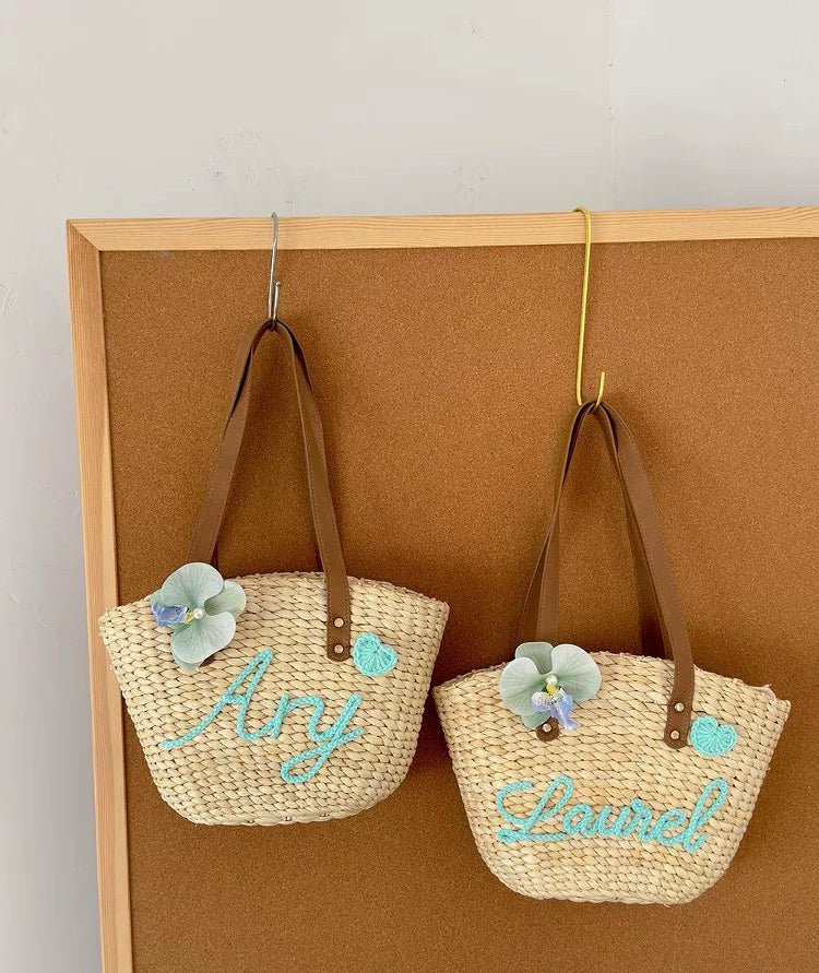 Custom Handwoven Straw Bag & Linen Slippers Set Personalized Summer Beach Tote Embroidered Slides Boho Vacation Gift
