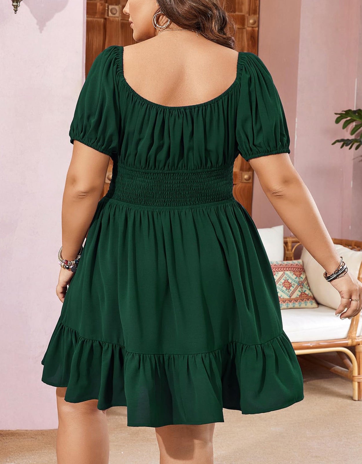 Puff Sleeve Smocked Waist Mini Dress Plus Size Cute Square Neck Ruffle Hem A-Line Sundress