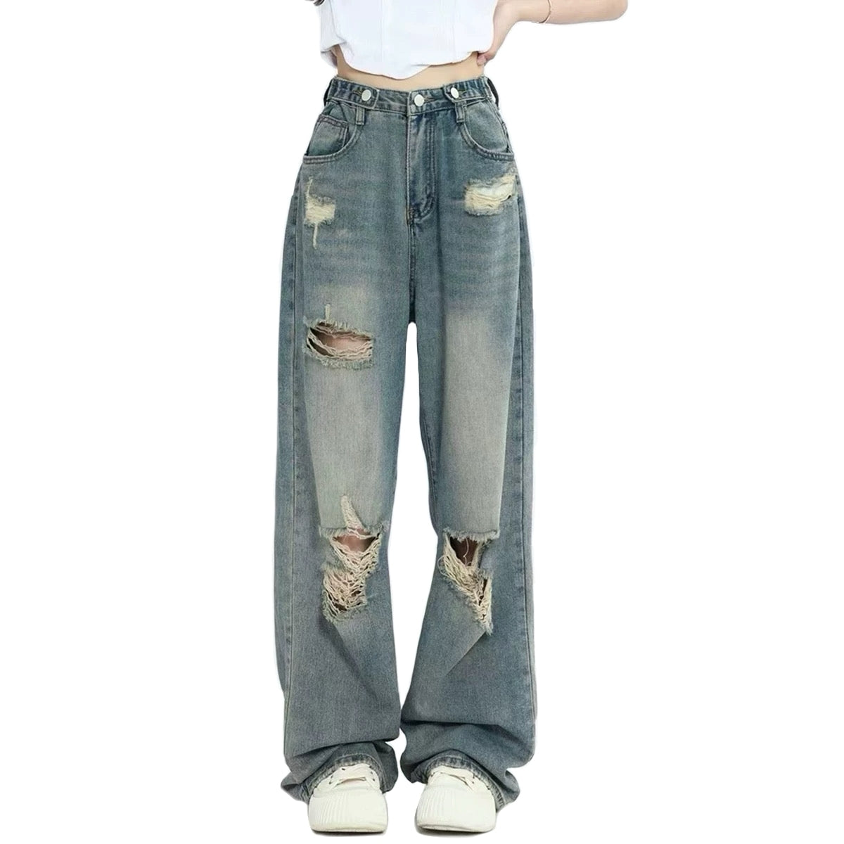 Plus Size Distressed Wide Leg Jeans for Women High Waist Loose Ripped Denim Pants