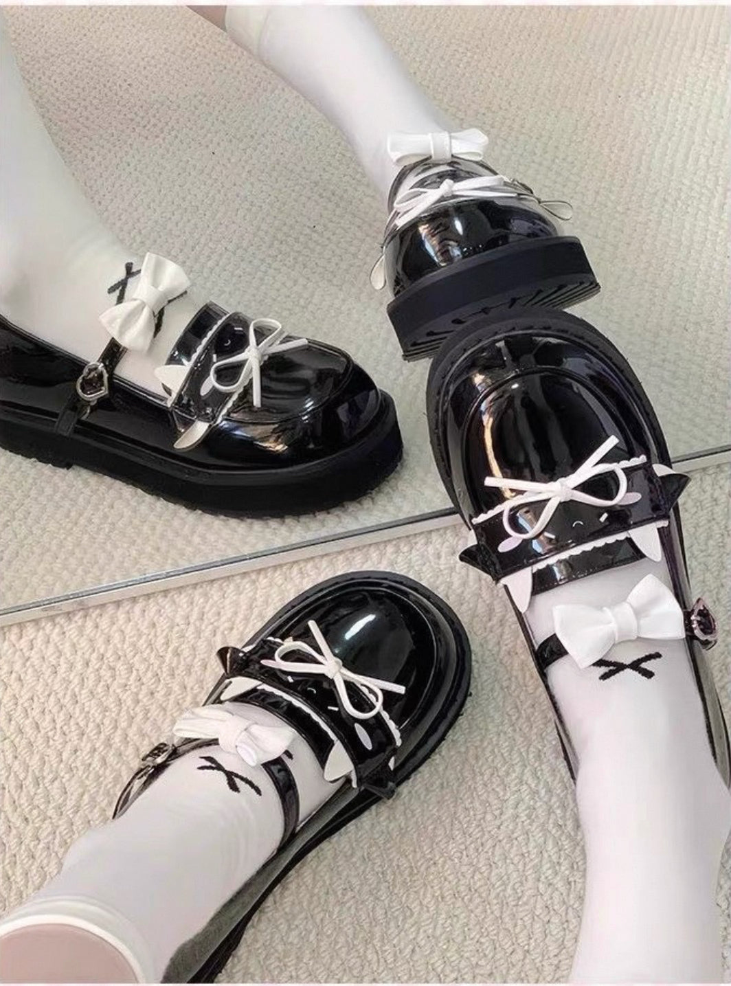 Kawaii Cat Ear Mary Jane Shoes JK Uniform Style PU Flats with Bows and Expressions
