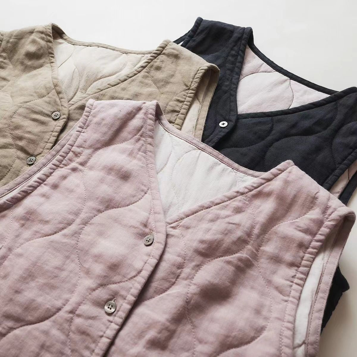 Japanese Linen Quilted Vest Women V-Neck Padded Sleeveless Jacket Minimalist Casual Workwear