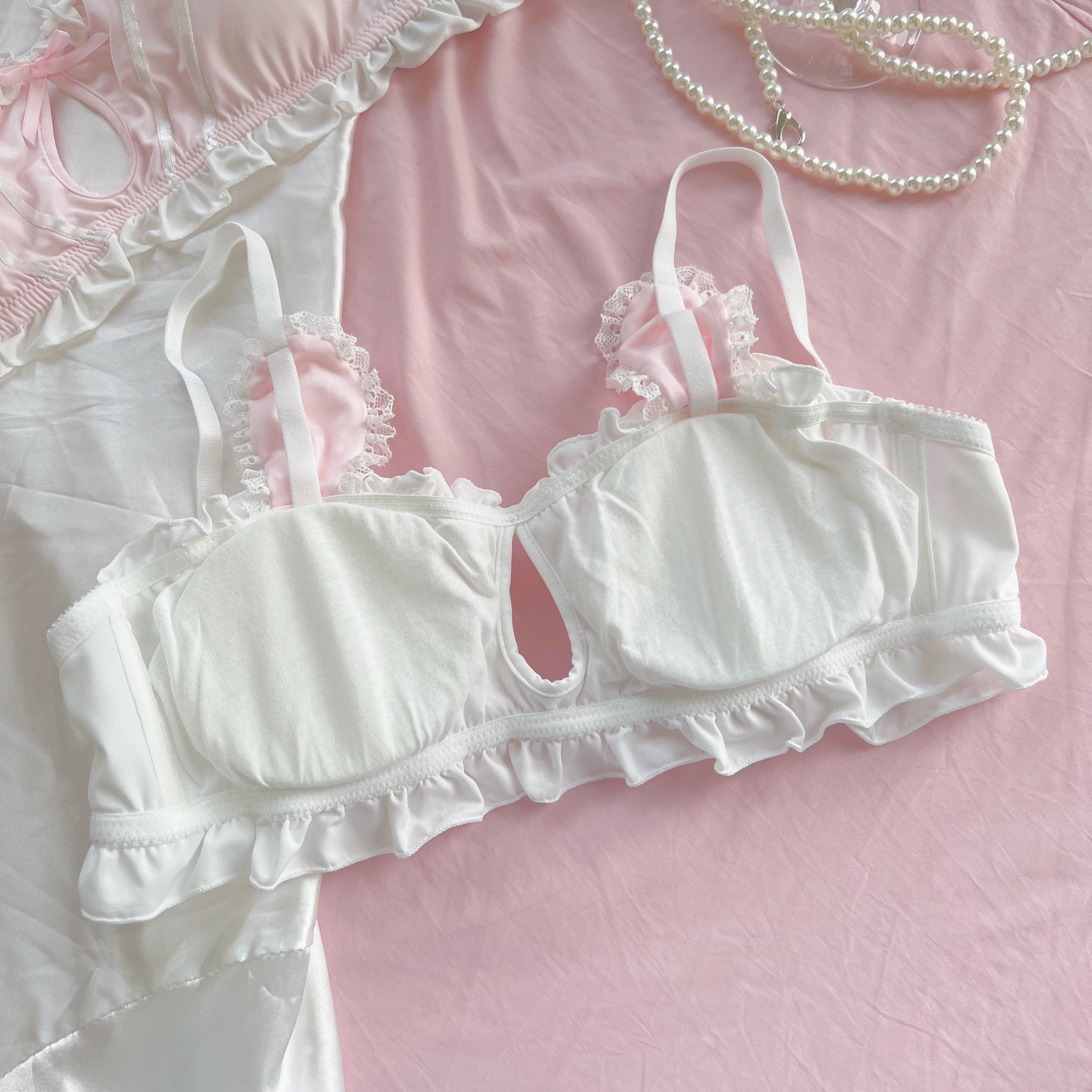 Kawaii Rabbit Ears Set for Women Soft Cup Bralette Ruffled Briefs Sweet Lolita Underwear Set