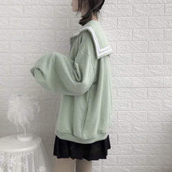 Harajuku Bat Sleeve Navy Sailor Collar Hooded Jacket For Girls With Zipper Loose Style Coat