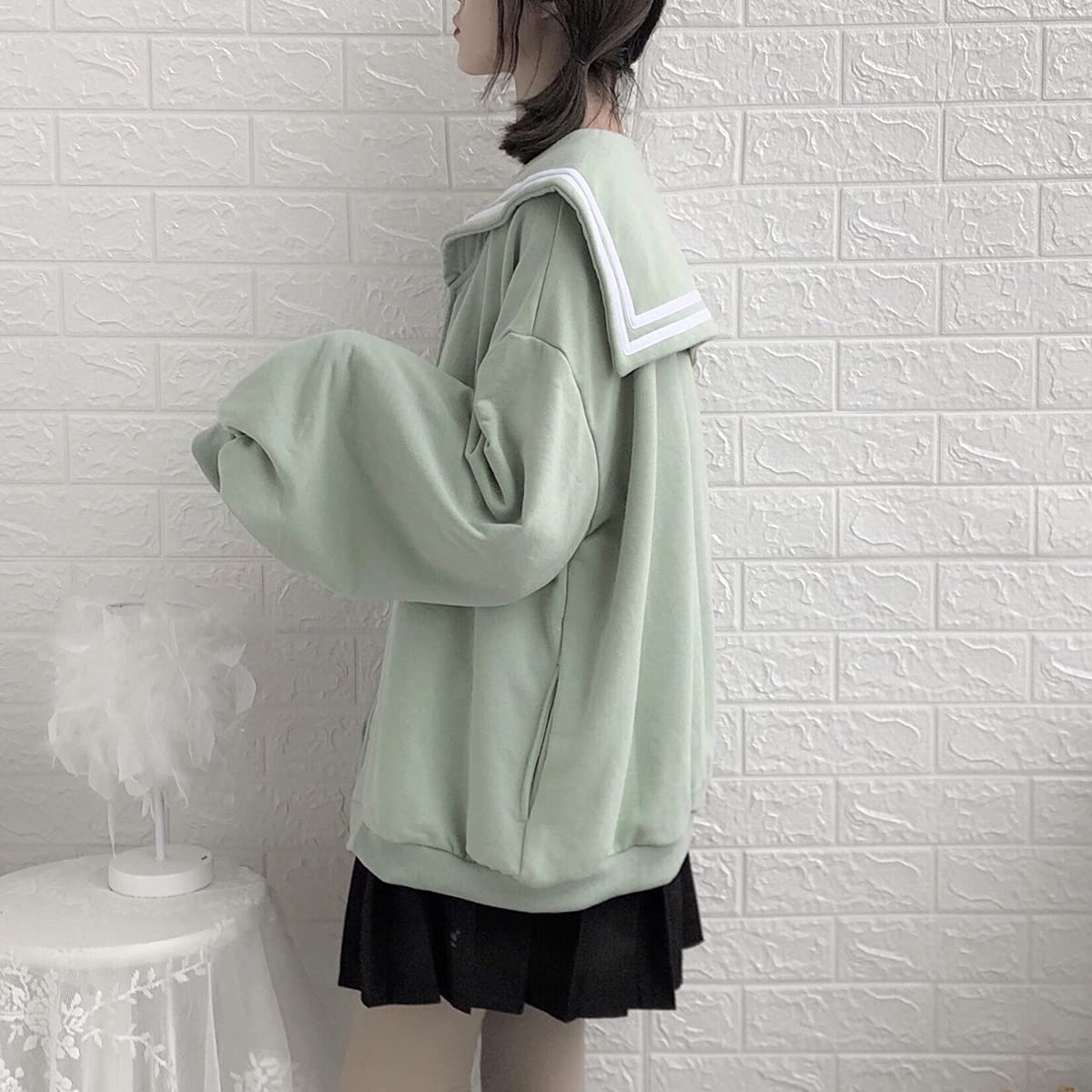 Harajuku Bat Sleeve Navy Sailor Collar Hooded Jacket For Girls With Zipper Loose Style Coat