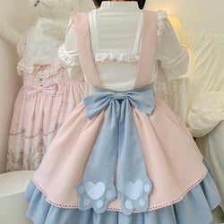 Cute Japanese Lolita Costume Plush Bear Pattern Suspender Skirt High Waist With Back Big Bow