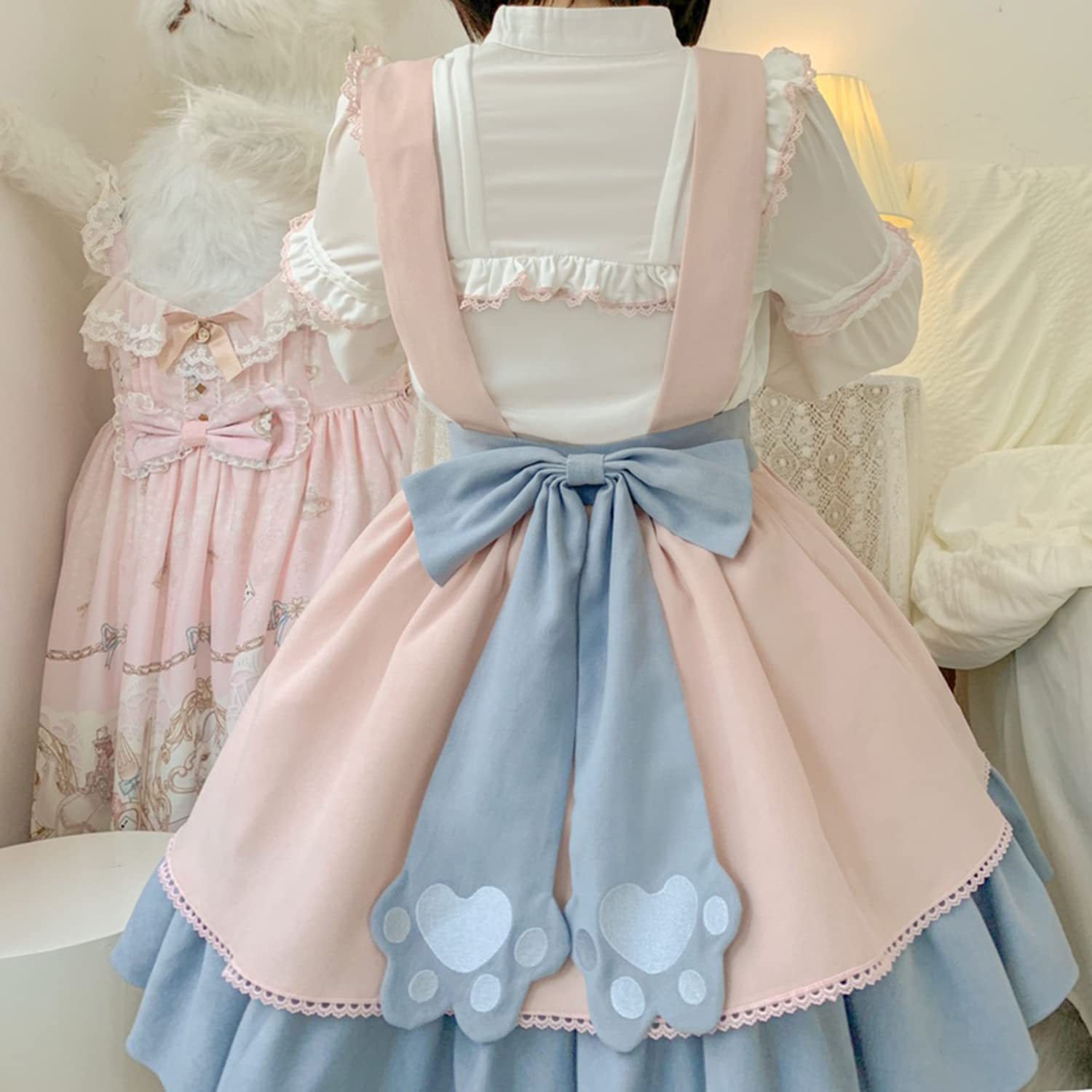 Cute Japanese Lolita Costume Plush Bear Pattern Suspender Skirt High Waist With Back Big Bow