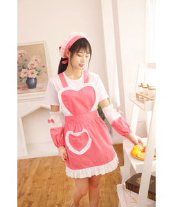 Cute Women's Apron Heart Pocket Lace Edge Cosplay Maid Dressing Apron Backless