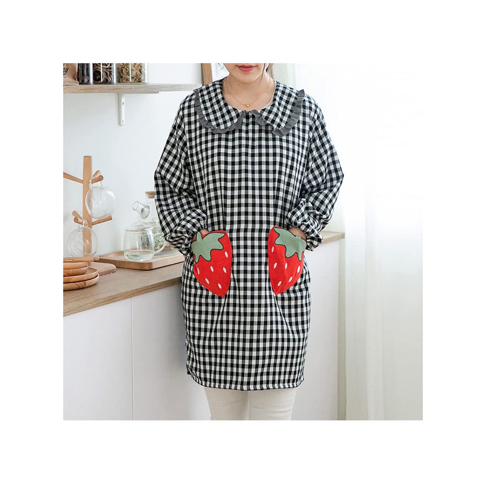 Big Strawberry Pattern Loose Plaid Apron for Woman Sweet Doll Collar Dress Apron