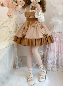 Cute Japanese Lolita Costume Plush Bear Pattern Suspender Skirt High Waist With Back Big Bow