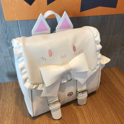Women Lolita Backpack White Lovely Cat Embroidery Big Bowknot Sweet Cartoon PU Bag