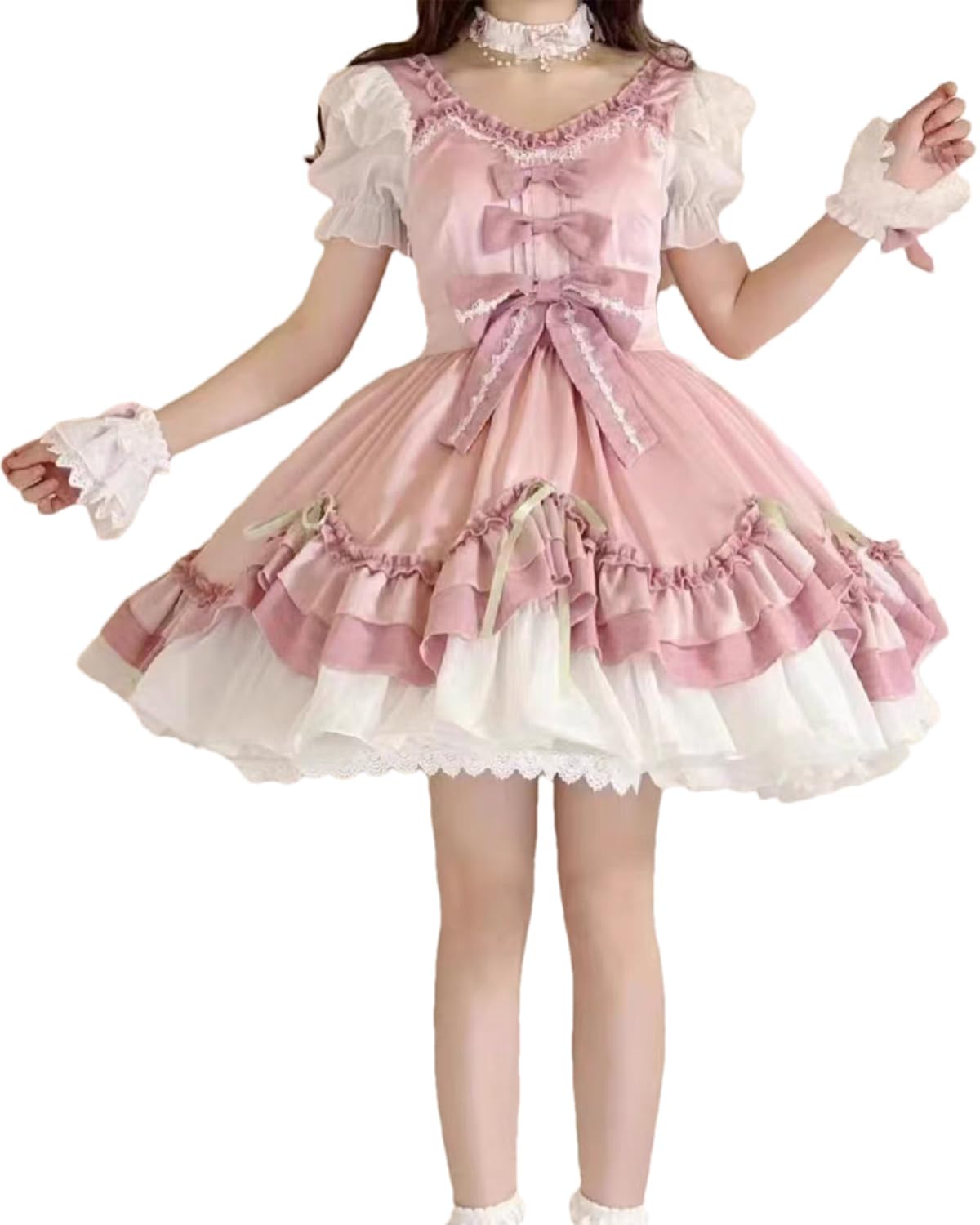 Sweet Lolita Pink Dress Ruffle Layered Princess JSK With Bows And Puff sweet-lolita-pink-dress-ruffle-layered-princess-jsk-with-bows-and-puff