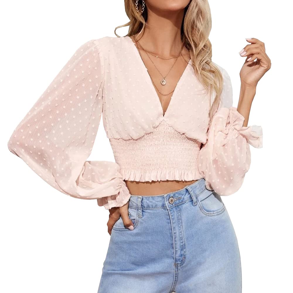 Women's Shirt Slim High Waist Sexy Deep Tunic V-neck Blouse Long Puff Sleeve