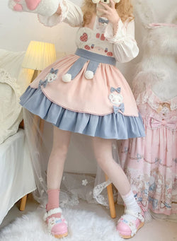 Cute Japanese Lolita Costume Plush Bear Pattern Suspender Skirt High Waist With Back Big Bow