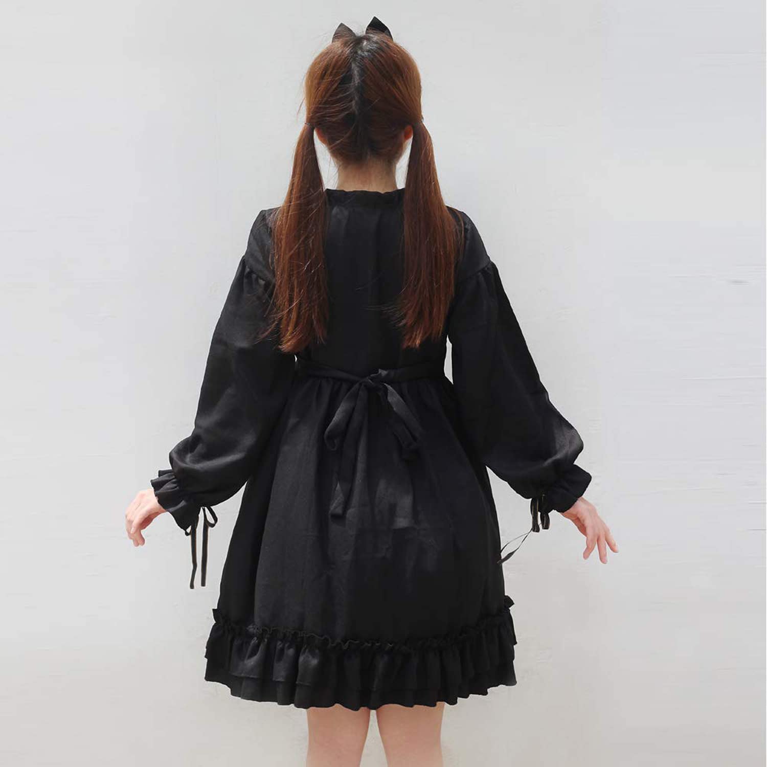 Gothic Lolita Black Dress for Women Long Sleeve Ruffled Moon Bow Dress Cute Kawaii Cosplay Outfit