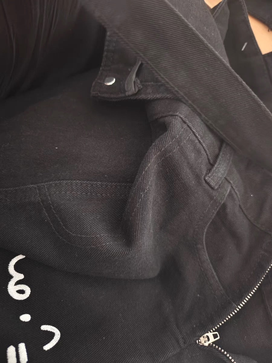 Kawaii Black Cat Print Overall Shorts Cute Suspender Cotton Romper with Cartoon Design