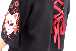 Kawaii Fox Print T-Shirt with Back Lace-Up Japanese Style Loose Half Sleeve Tee for Women