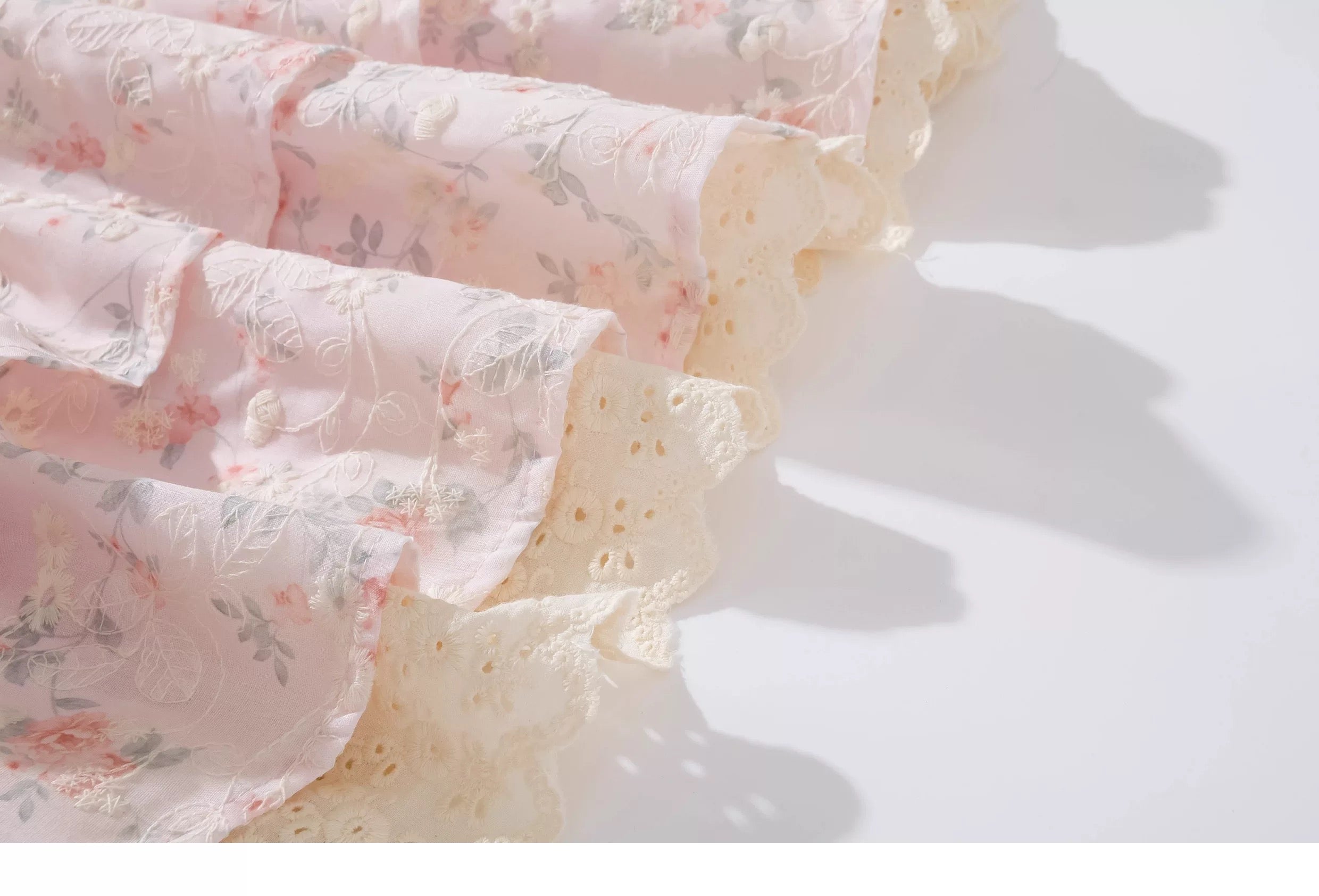 Sweet Floral Embroidered Ruffle Dress Summer Princess Puff Sleeve Tiered Cake Dress with Smocked Back