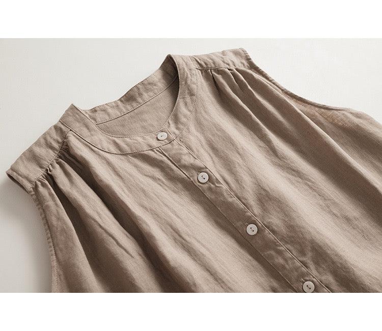 Japanese Style 100% Linen Pleated Shirt Dress Sleeveless Long Vintage Sundress with Button Front