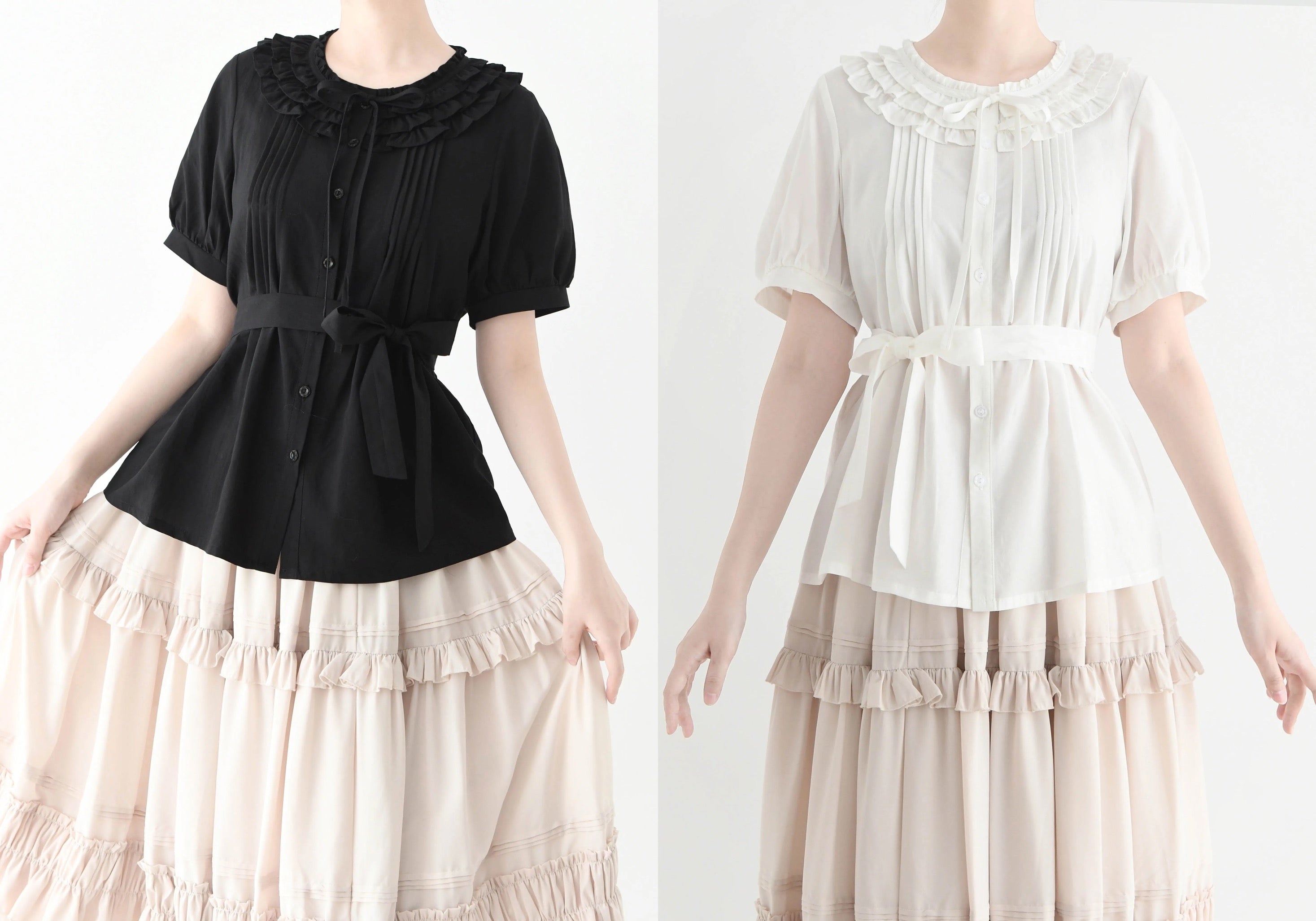 Lolita Ruffle Collar Summer Blouse Tencel Cotton Round Neck Shirt Bow Vintage Lace Puff Sleeve Top