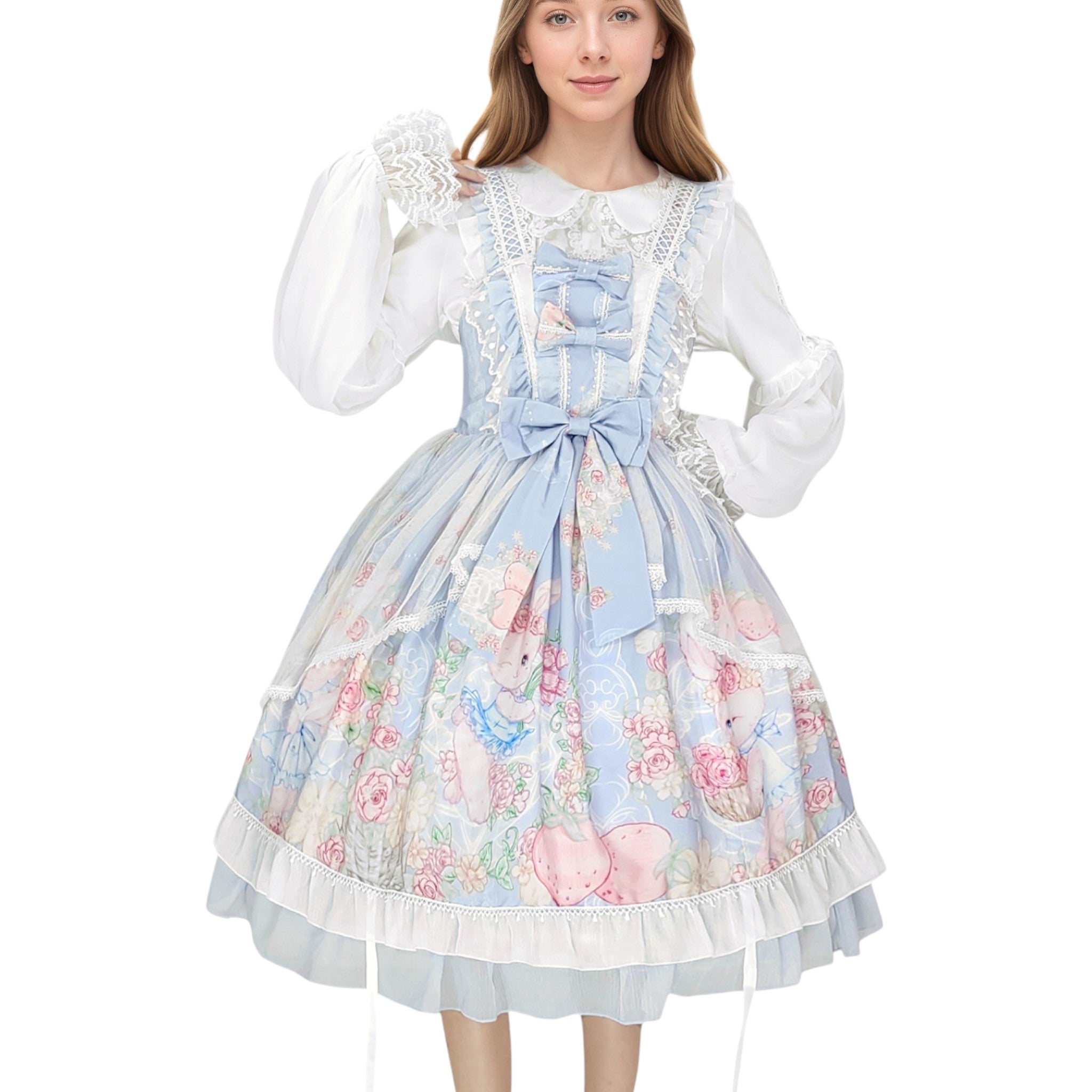 Sweet Lolita Cupcake Cat Print JSK Dress with Lace Ruffles Big Bow Kawaii Princess Style