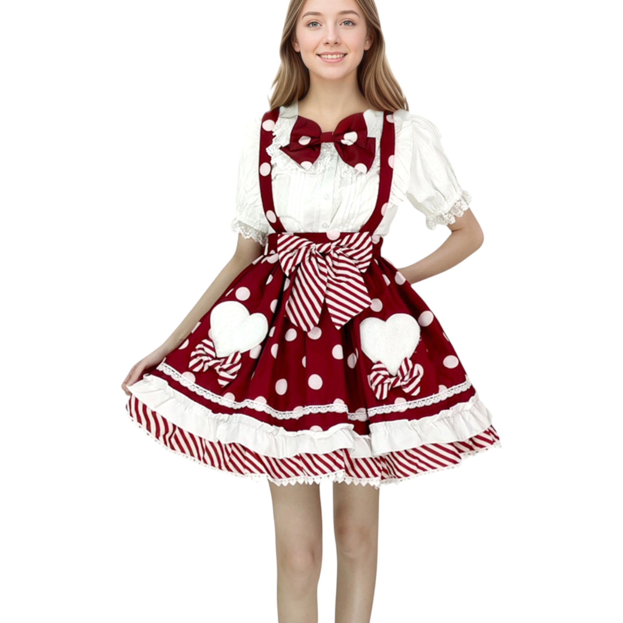 Sweet Polka Dot Lolita Skirt with Heart Pockets and Neck Bow Kawaii A-Line Ruffle Mini Skirt for Girls