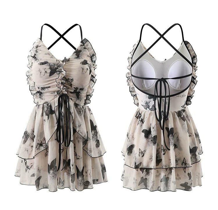 Korean Style Ins Butterfly Print Layered One-Piece Swimsuit with Back Tie Straps