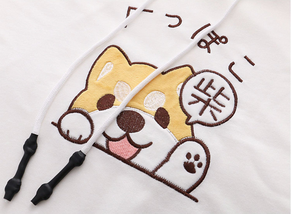 Kawaii Shiba Inu Hoodie T-Shirt Cute Puppy Embroidered Hooded Tee with Dog Ear Hat