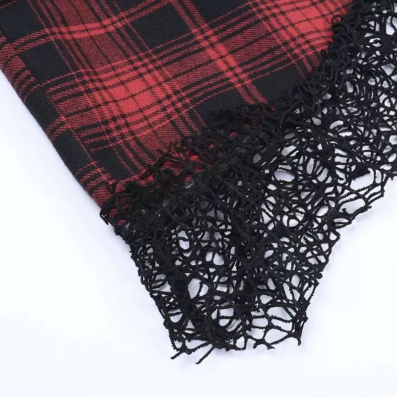 Gothic Red Plaid Suspender Dress Punk Lace Trim Corset A-Line Mini Skirt for Women