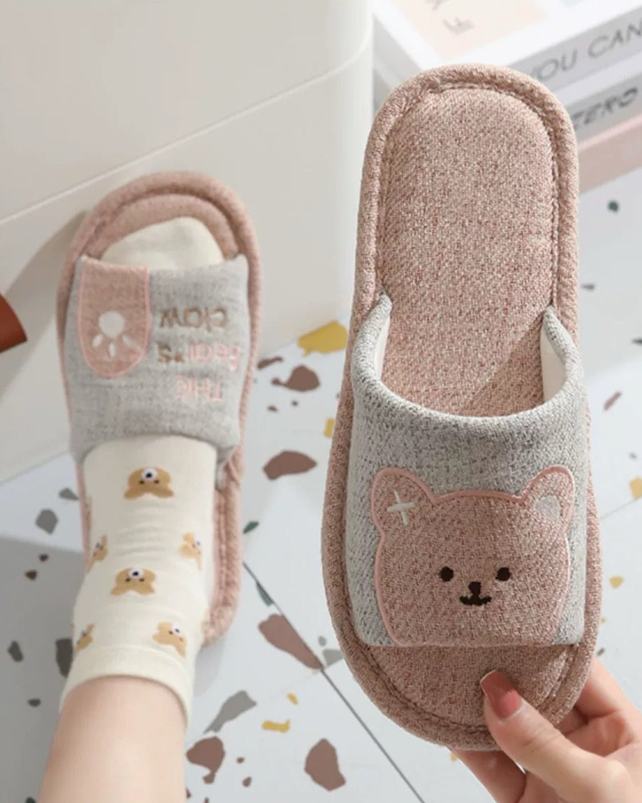 Cute Bear Embroidered Linen Indoor Slippers for Women Soft Anti-Slip Couple House Slides