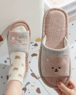 Cute Bear Embroidered Linen Indoor Slippers for Women Soft Anti-Slip Couple House Slides