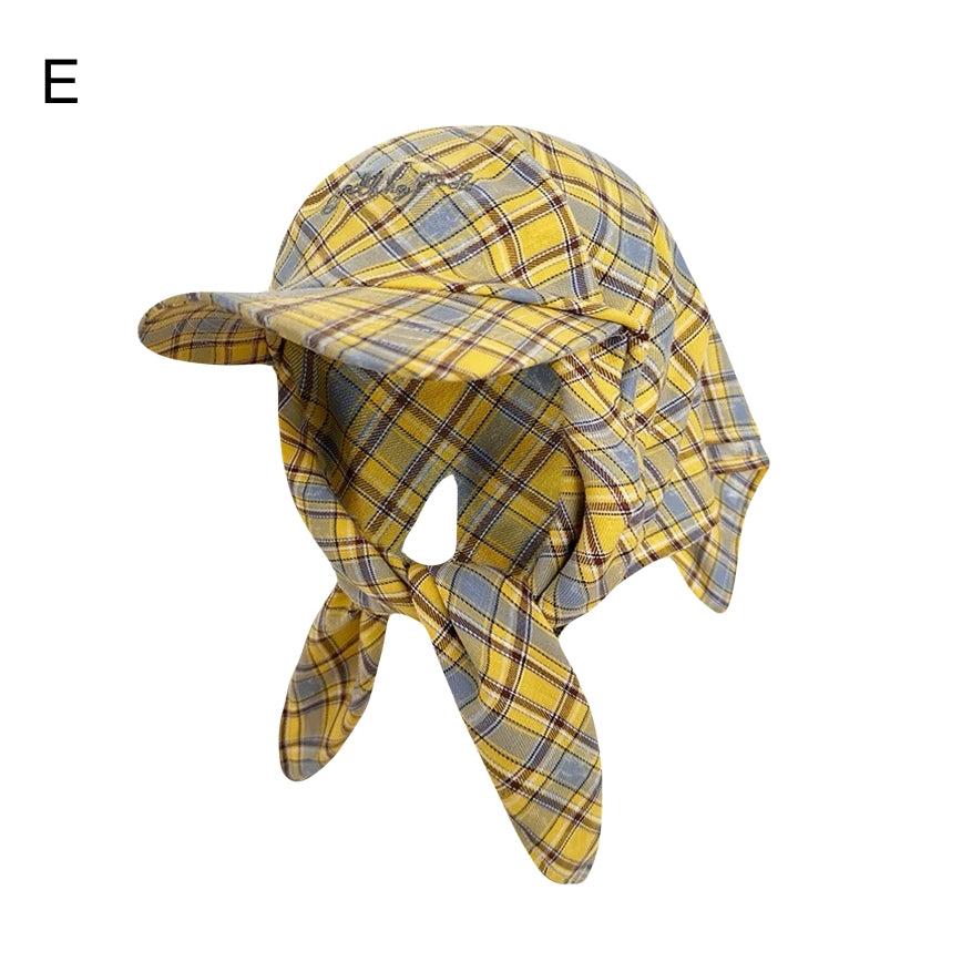Chic Scarf-Tie Peaked Cap Plaid & Striped Streetwear Hat with Back Ribbon Wrap