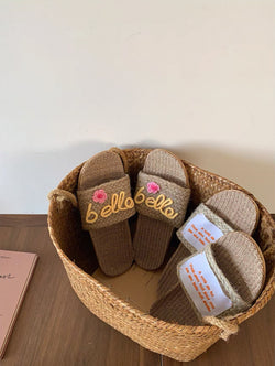 Custom Handwoven Straw Bag & Linen Slippers Set Personalized Summer Beach Tote Embroidered Slides Boho Vacation Gift