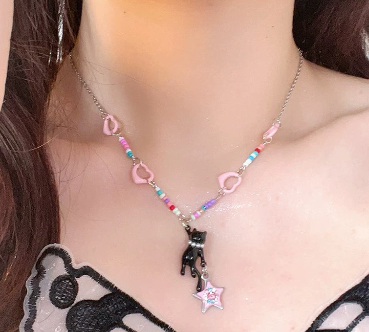 Kawaii Black Cat Rainbow Star Necklace Colorful Y2K Statement Jewelry Harajuku Style Layered Chain