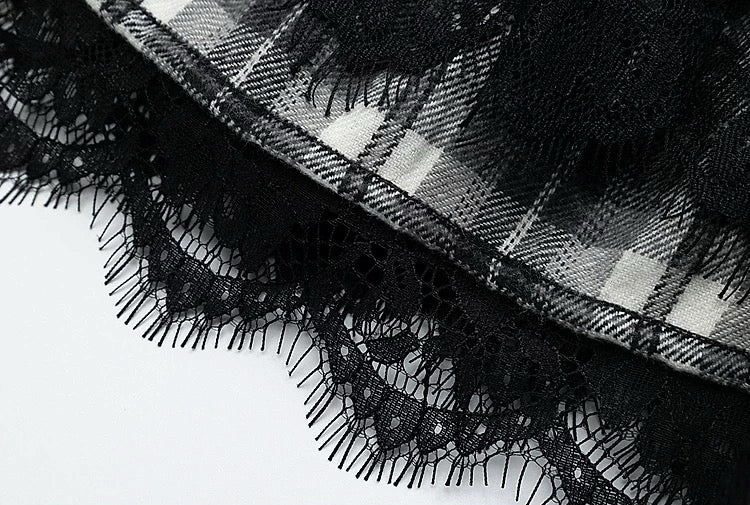 Gothic Plaid Lace Layered Mini Skirt with Heart Chain Double Buckle High Waist A-line Skirt for Women