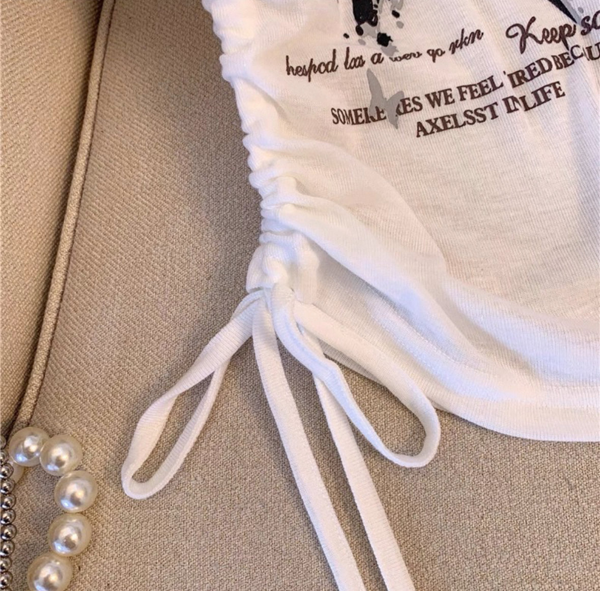 Y2K Butterfly Print Asymmetrical Long Sleeve T-Shirt Ruched Drawstring Slim Fit Crop Top