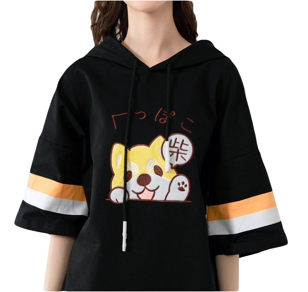 Kawaii Shiba Inu Hoodie T-Shirt Cute Puppy Embroidered Hooded Tee with Dog Ear Hat