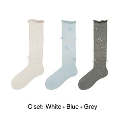 Kawaii Ballet Style Bow Socks 3 Pairs Cotton Thin Summer Slouchy Crew Socks for Girls