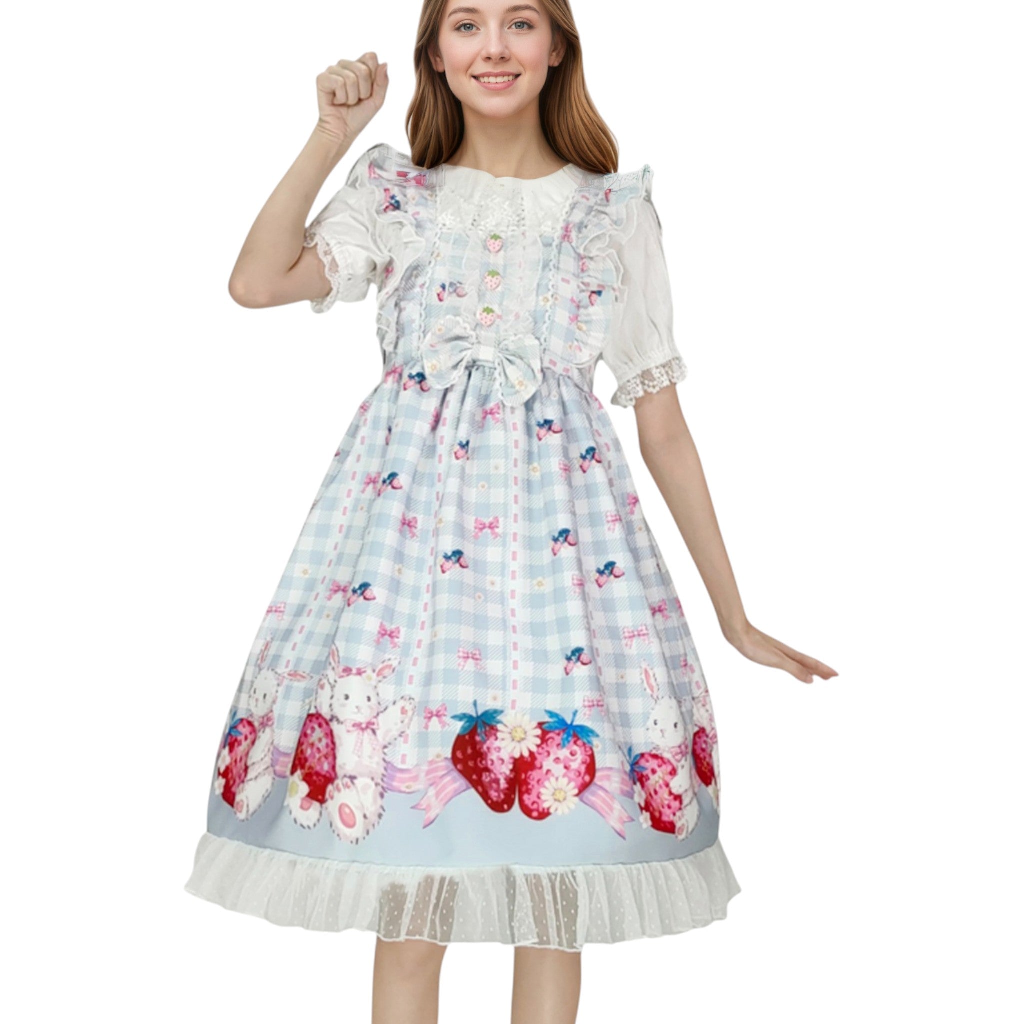 Kawaii Rabbit Strawberry Plaid Lolita JSK Dress with Gingham Print Lace Trim