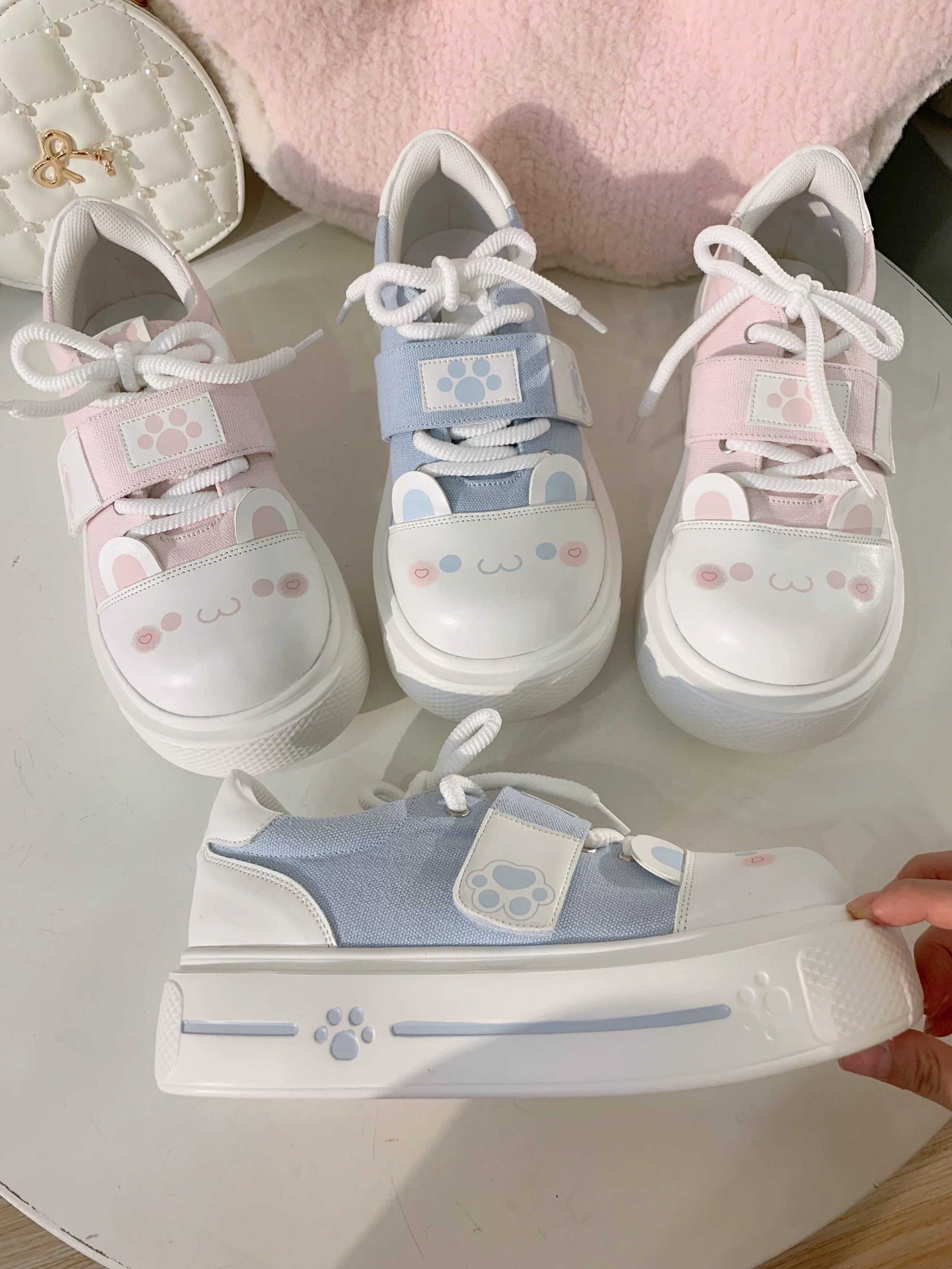 Kawaii Canvas Platform Sneakers Cute Cat Paw Face Print Big Toe Lolita Shoes for Girls