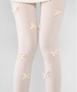 Cute Lolita Velvet Tights with Bows & Pearls Ribbed Bowknot Pantyhose for Girls All Seasons