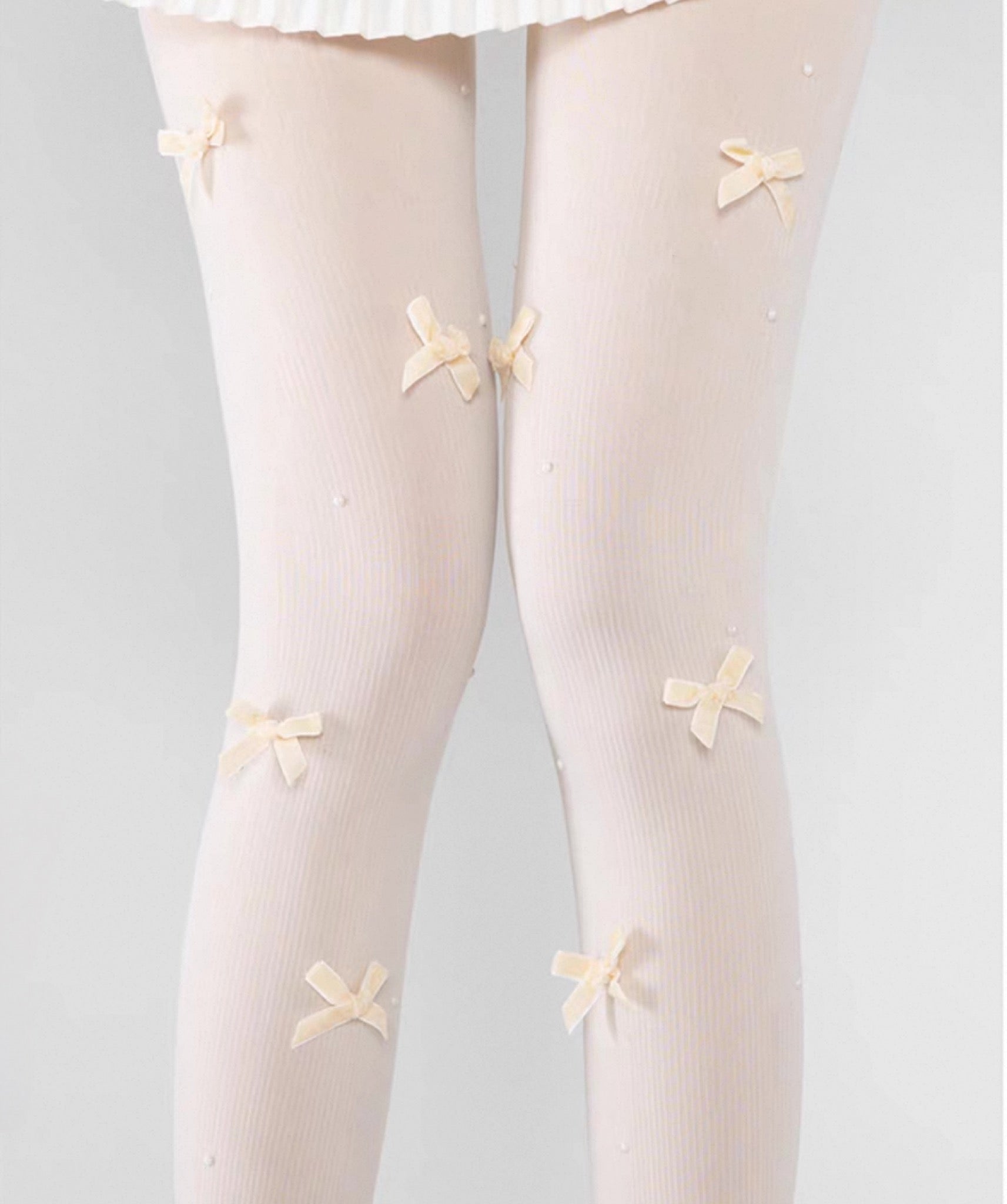 Cute Lolita Velvet Tights with Bows & Pearls Ribbed Bowknot Pantyhose for Girls All Seasons