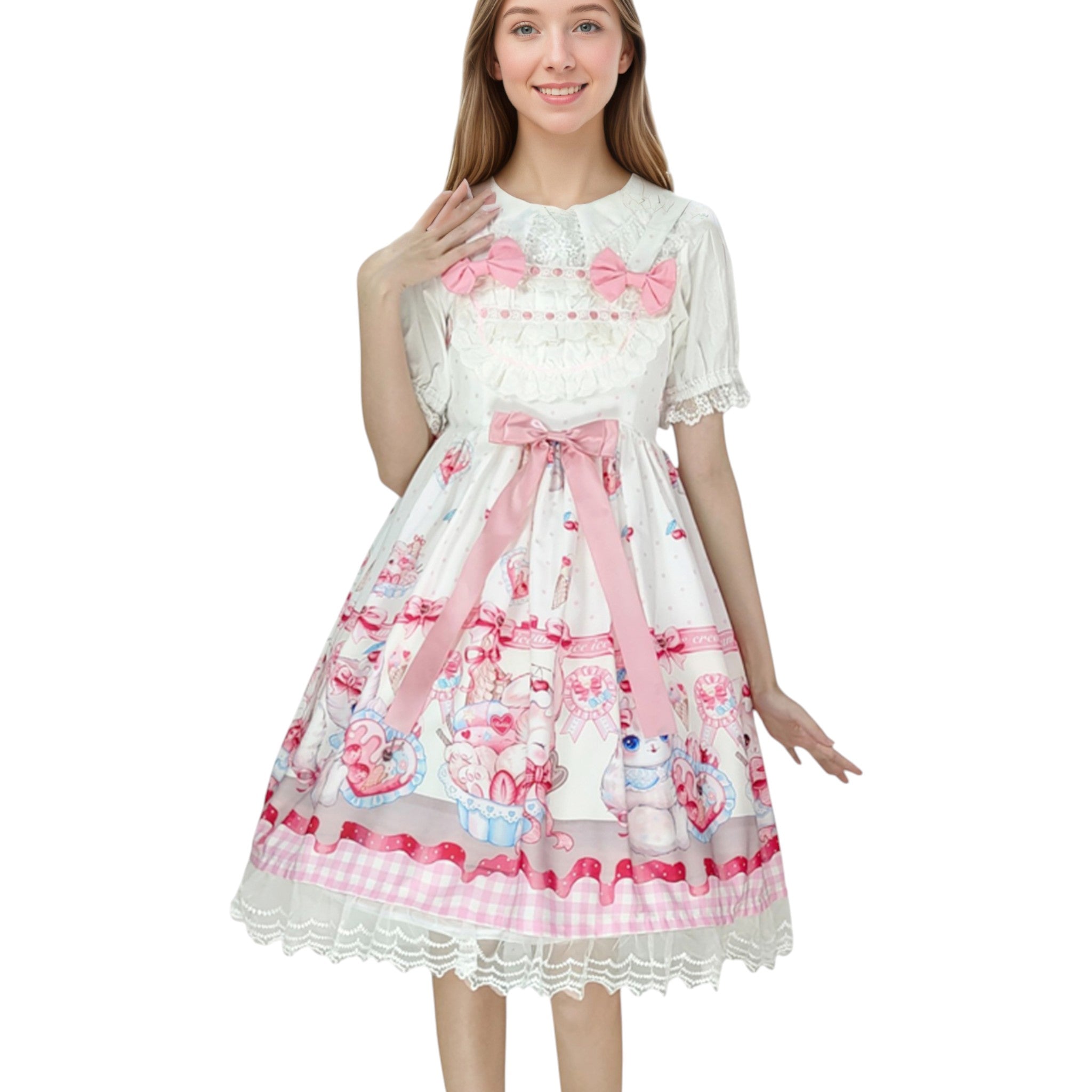 Kawaii Pink Kitty Print Lolita Dress with Lace Hem and Bow Sweet Short Sleeve JSK