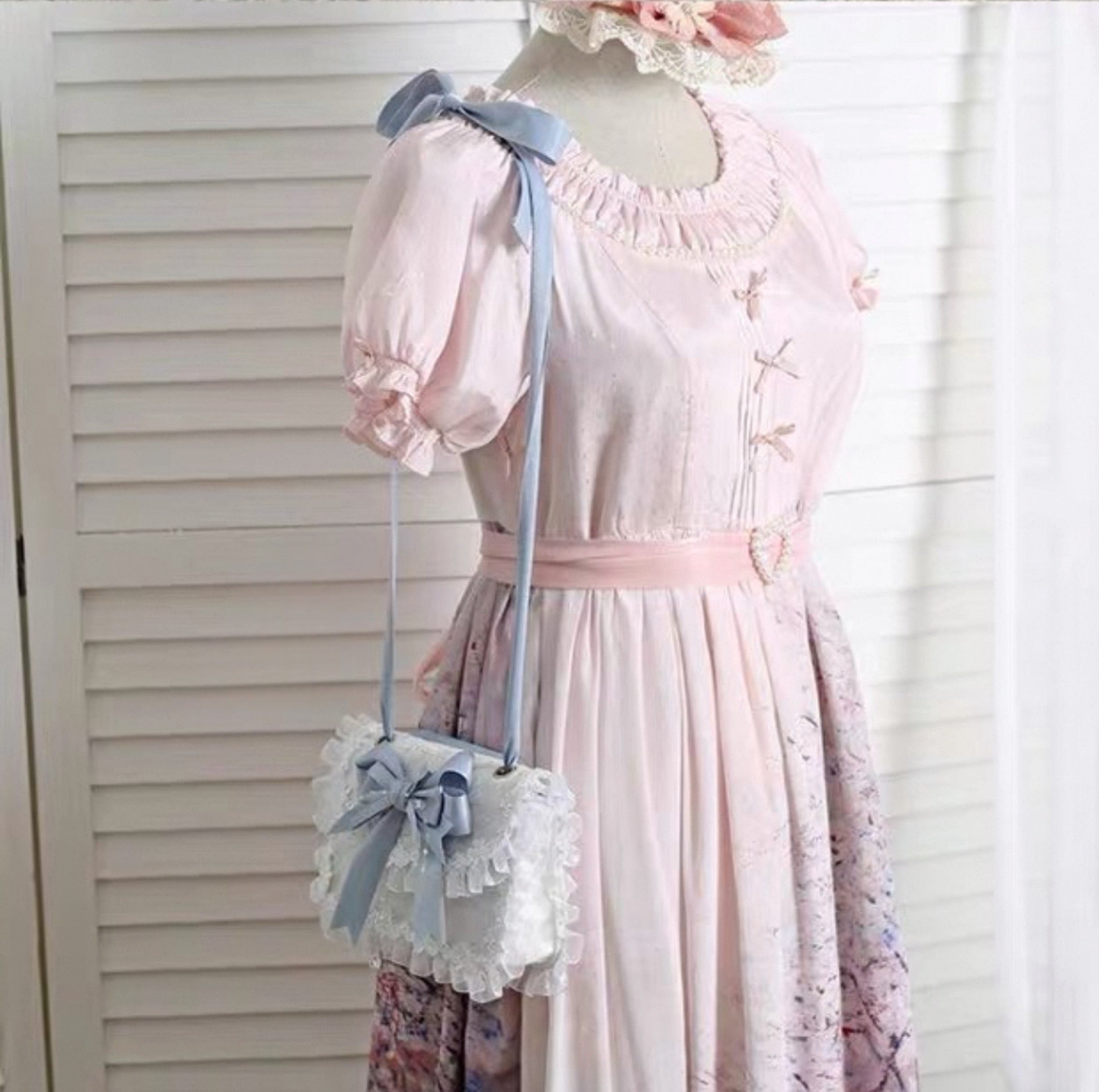 Sweet Lolita Lace Bow Shoulder Bag with Pearl Chain Handmade Japanese JK Crossbody Purse